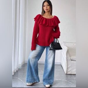 SHEIN ChicEase Women’s Red Ruffle Turtleneck Warm Pullover Sweaterer